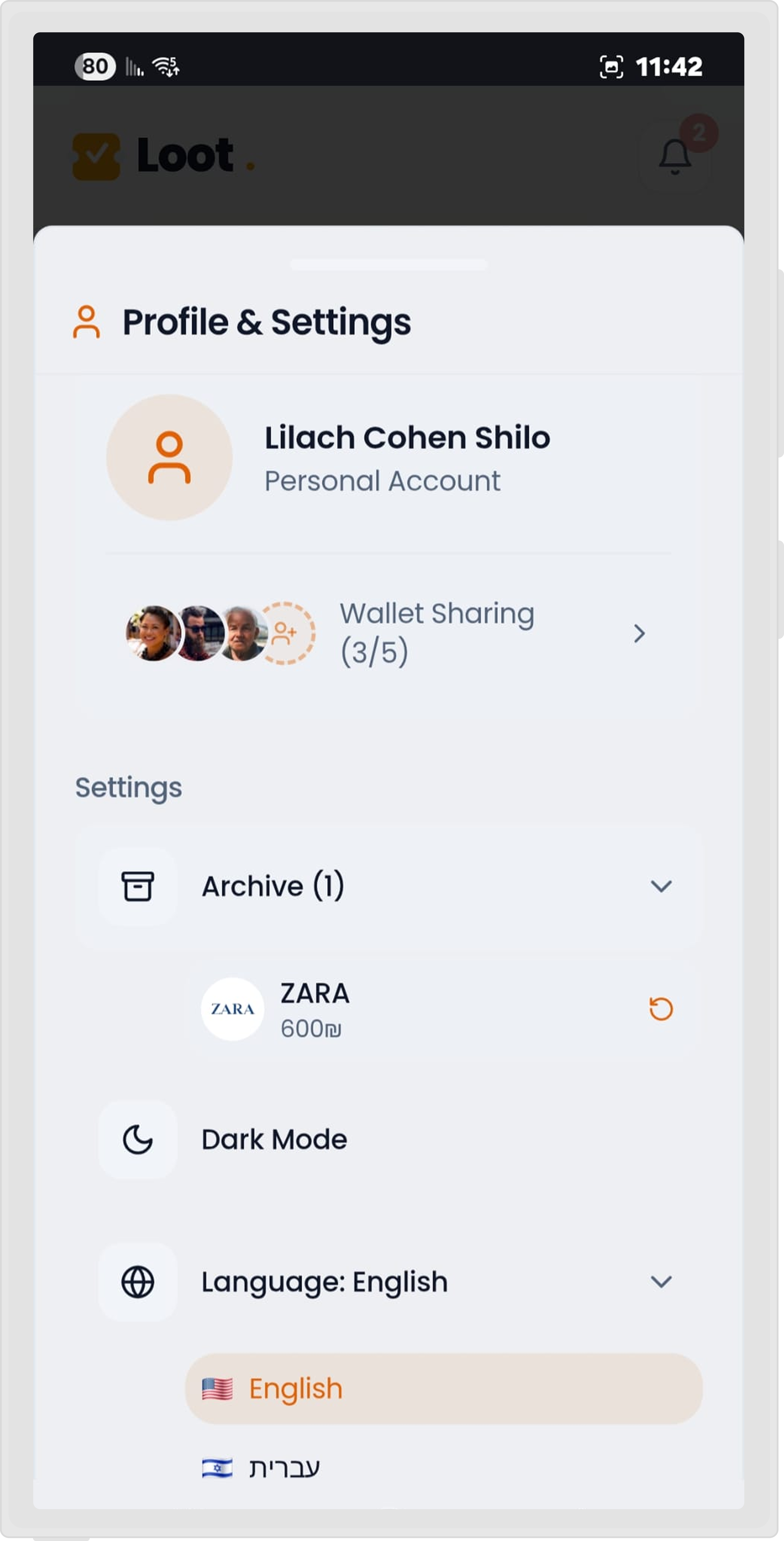 Loot profile and settings screen for wallet preferences and account management